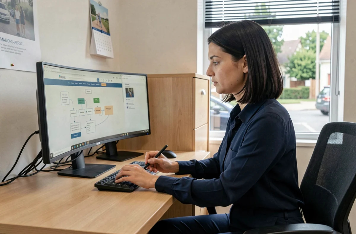 Chargée de projet de l'agence Netiwan à Maisons-Alfort en train d'analyser un parcours utilisateur sur son poste de travail