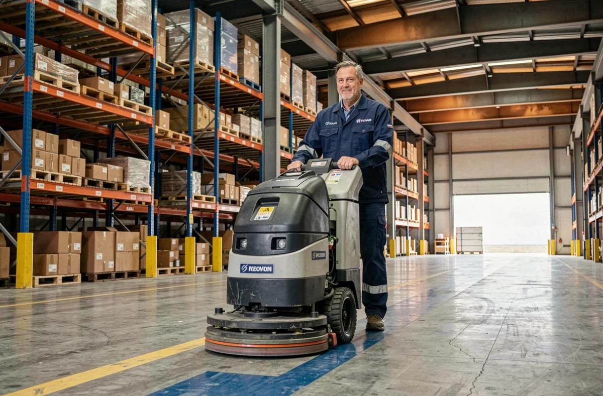 Agent de nettoyage Ouest Atlantic Services utilisant une autolaveuse dans un entrepôt industriel