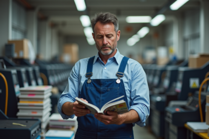 Ouvrier en bleu examine des brochures imprimées