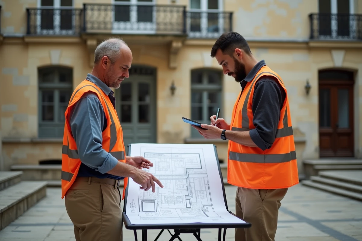 Deux ouvriers BTP en gilets de sécurité discutant de plans de rénovation dans la cour d'une copropriété