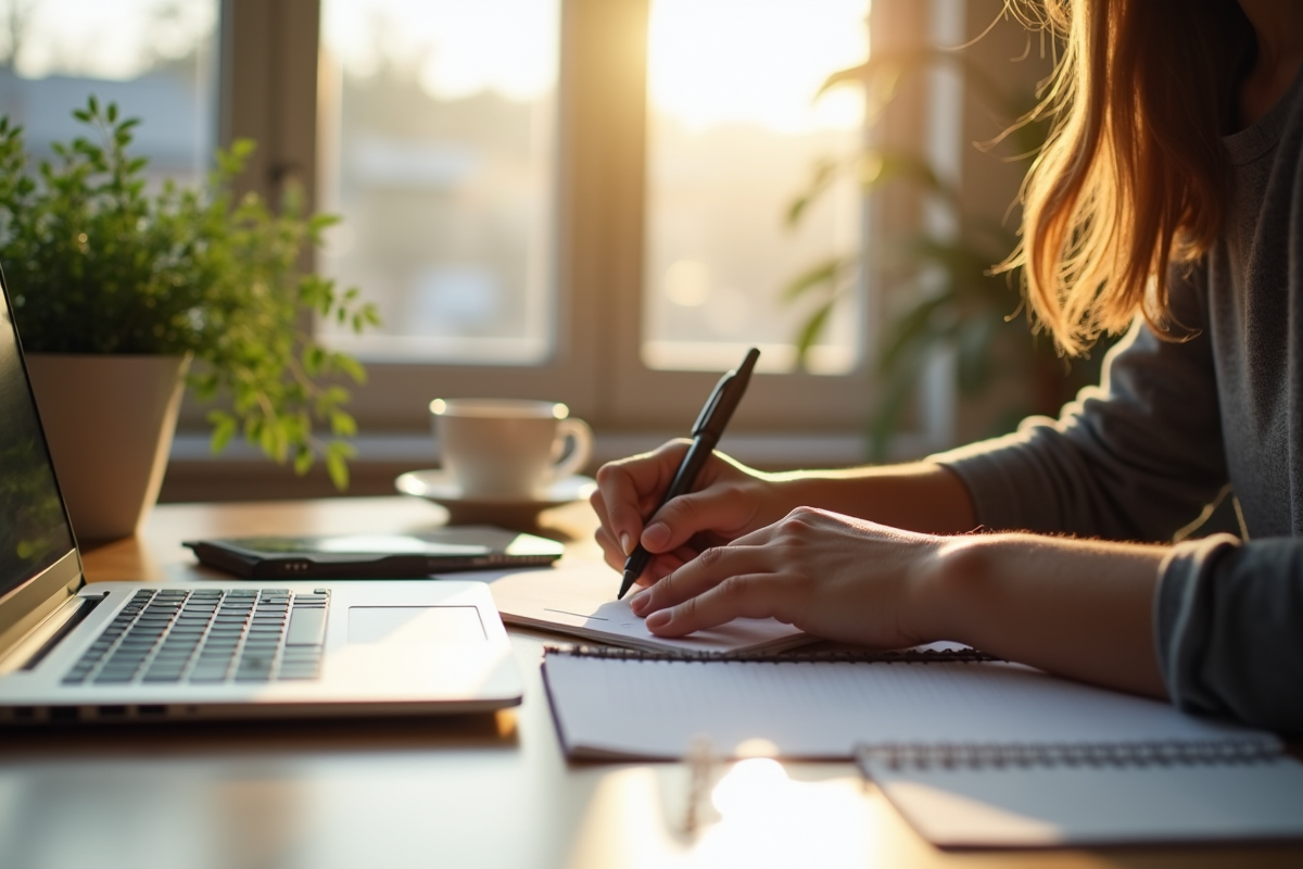 Personne planifiant sa journee dans un espace de travail organisé