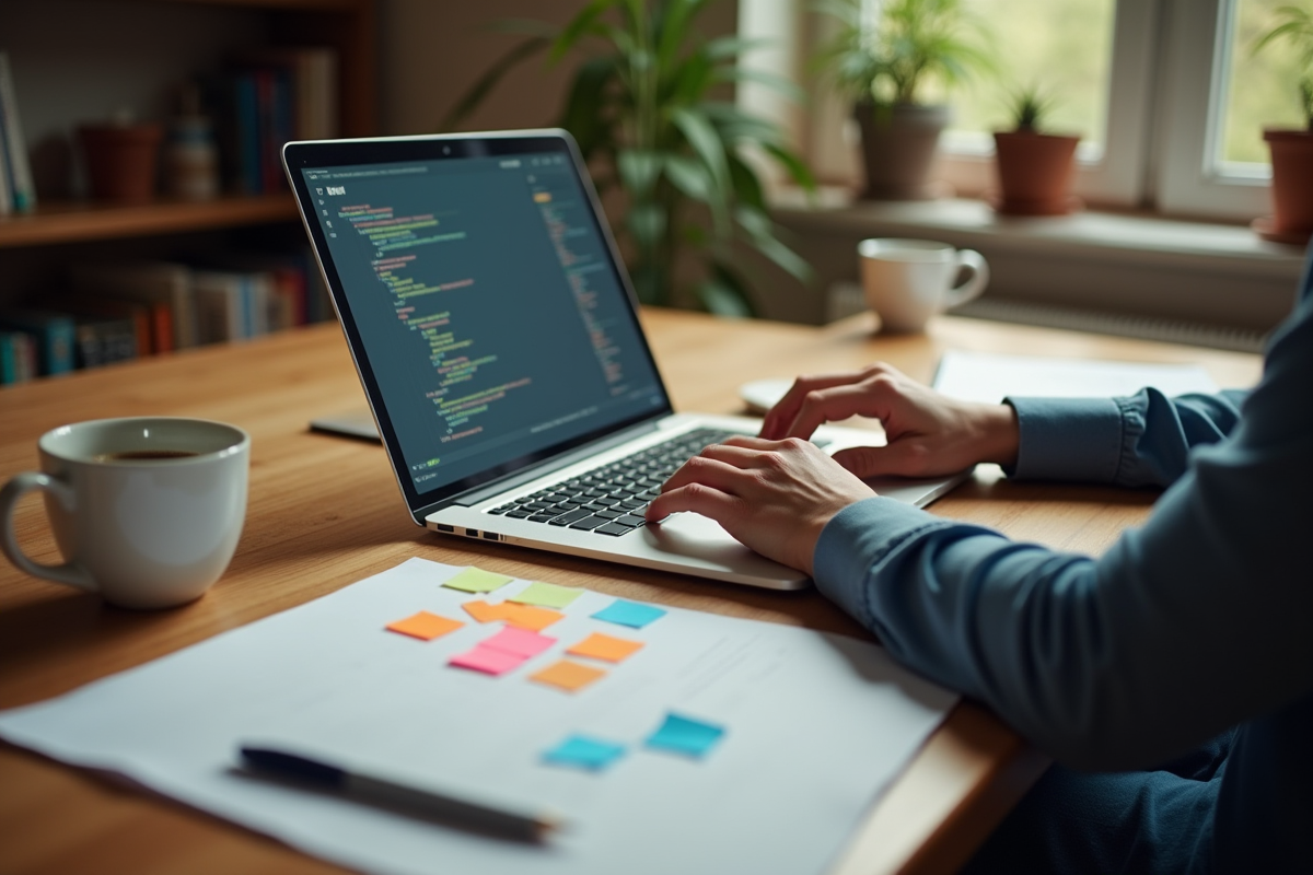 Personne tapant sur un ordinateur portable dans un bureau cosy