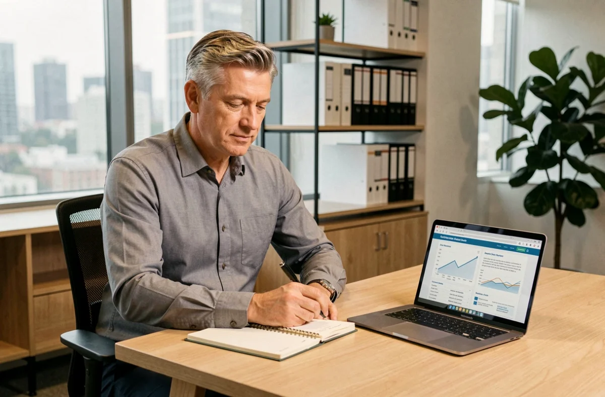 Professionnel senior du secteur du bâtiment planifiant son évolution de carrière après la qualification n4p2 dans un bureau moderne, les mains posées sur un carnet de notes professionnel