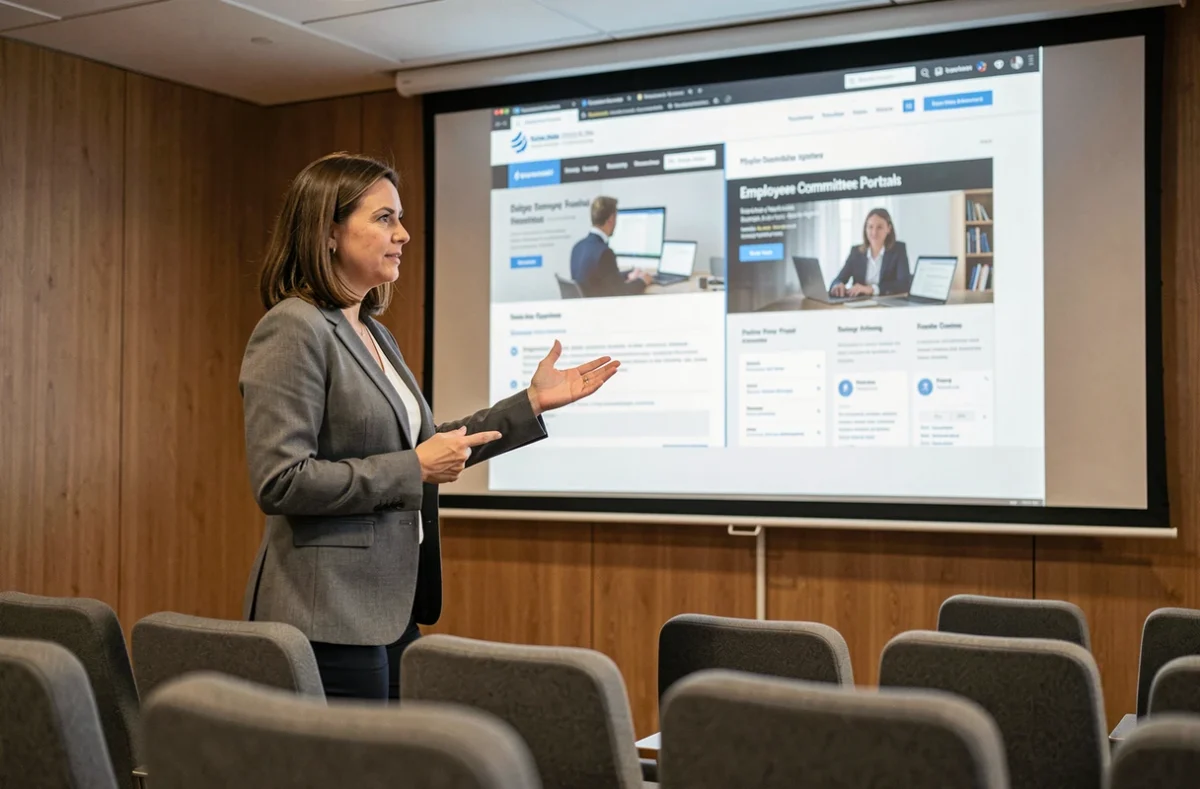 Présentatrice exposant la comparaison entre deux sites de CSE lors d'une formation en entreprise