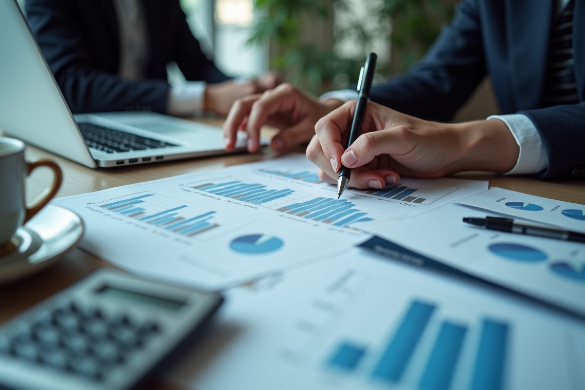 Mains prenant des notes sur des feuilles de calcul financières
