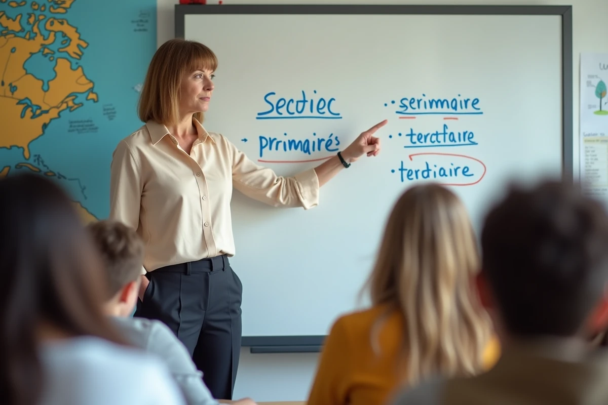Professeure expliquant les erreurs fréquentes sur la définition du secteur tertiaire au tableau blanc devant une classe de lycée