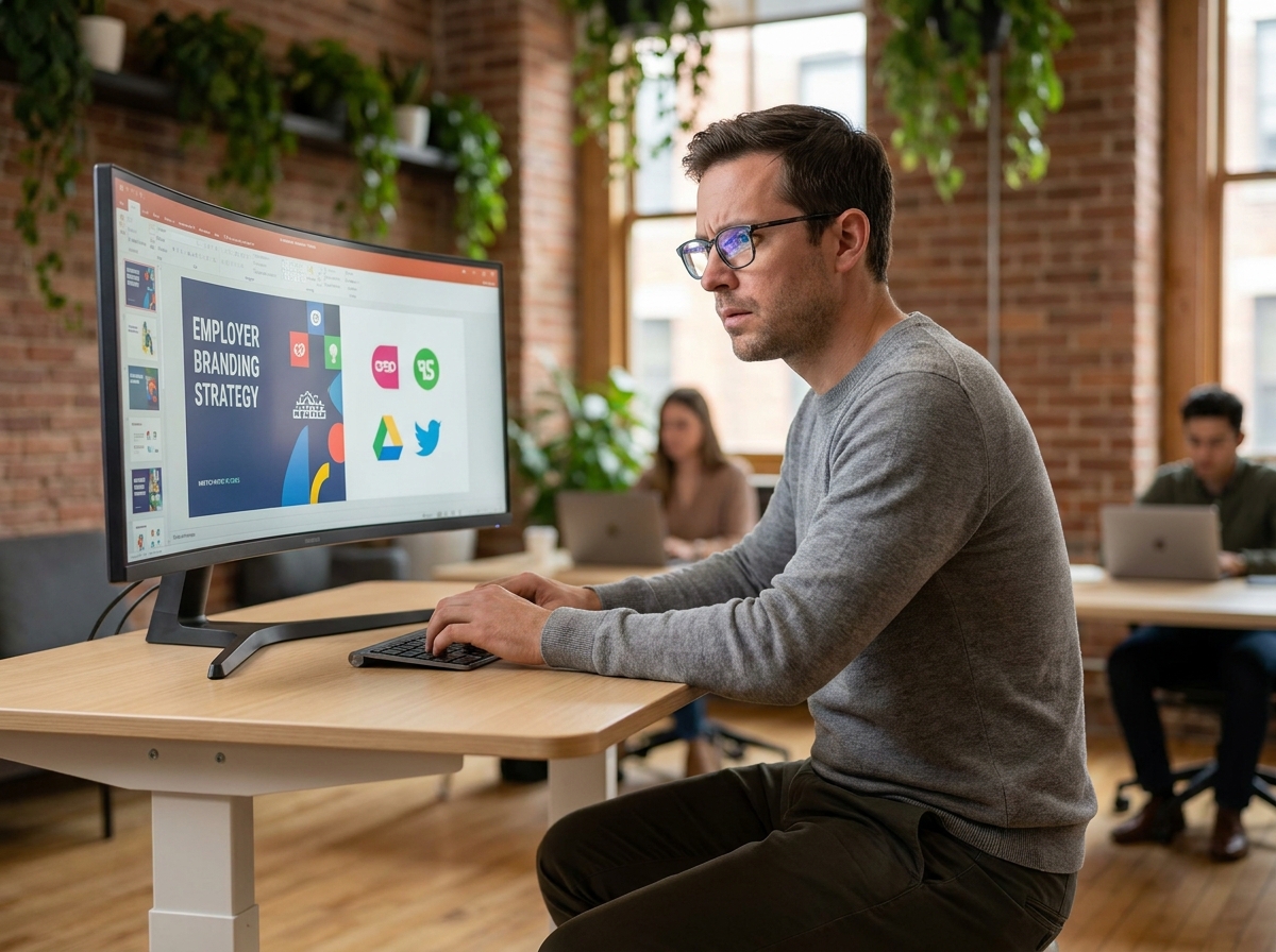 Jeune professionnel travaillant seul sur une présentation de marque employeur dans un espace de co-working moderne