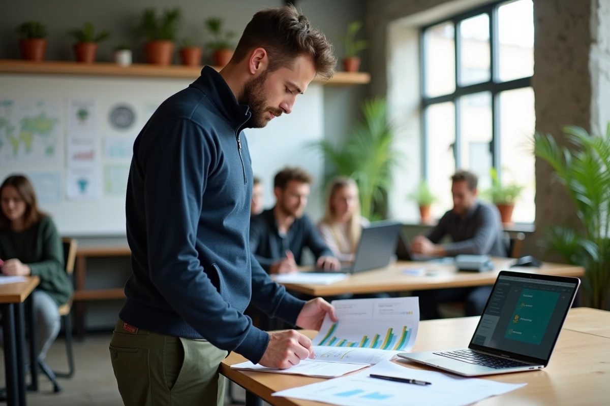 Professionnel de l'économie verte analysant des données environnementales dans un espace de coworking dédié au développement durable