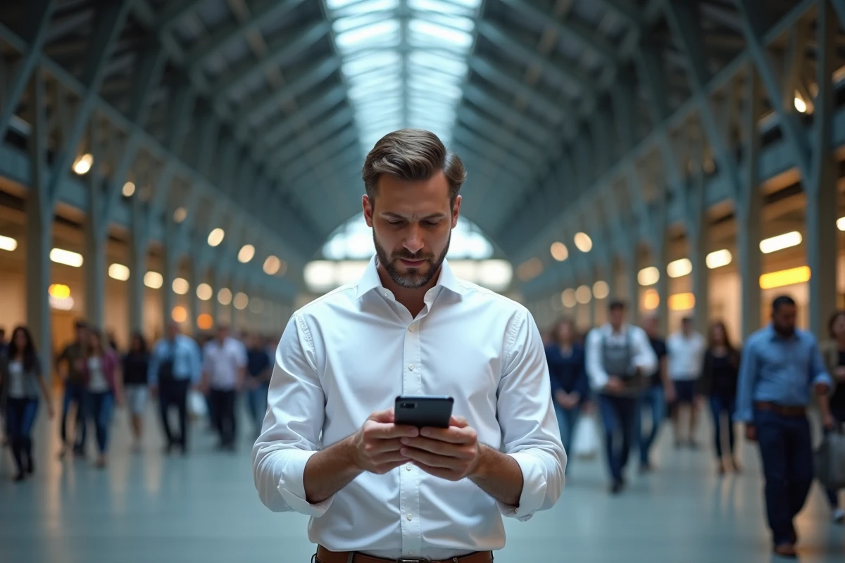 Professionnel consultant son téléphone dans le hall monumental de Station F, architecture gare reconvertie