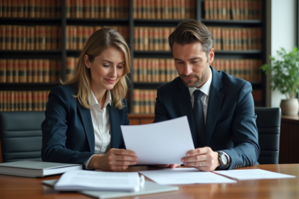 Homme et femme d'affaires examinant des documents juridiques