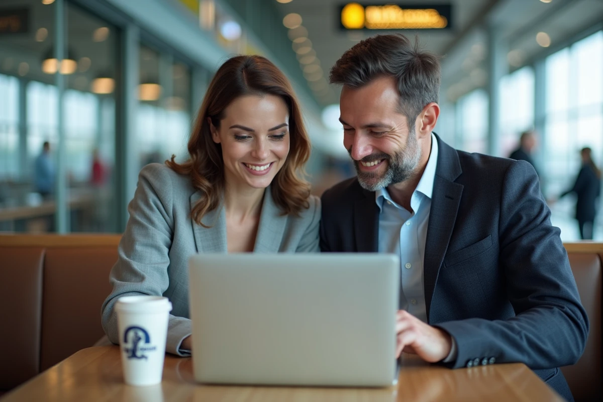 Deux professionnels de l'aviation consultant un portail intranet sécurisé ensemble dans un café d'aéroport, représentant la connexion sécurisée en déplacement Air France