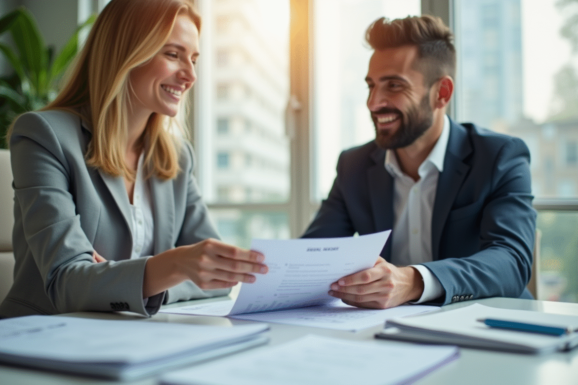 Deux professionnels souriants lors d'une réunion financière