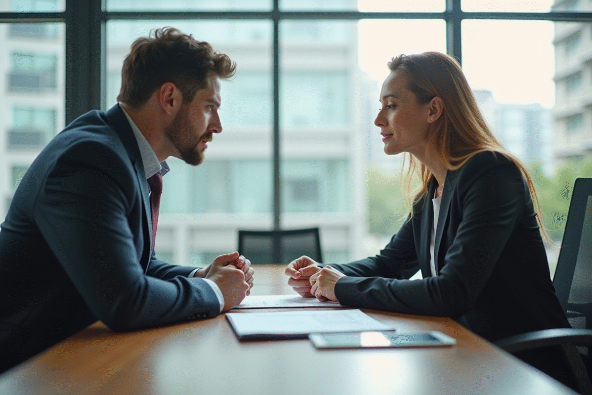 Deux professionnels en réunion dans un bureau lumineux