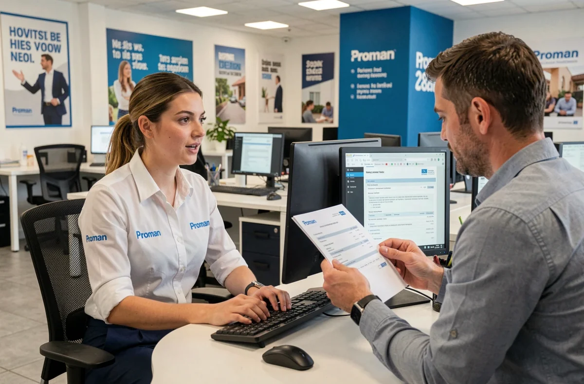 Une recruteuse Proman Nantes présentant une offre d'emploi à un candidat dans l'agence