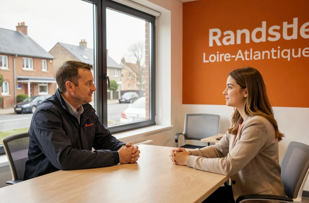 Un recruteur Randstad Loire-Atlantique en réunion avec une candidate dans une salle de l'agence