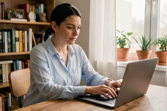 Femme rédigeant une relance d'invitation par email sur son ordinateur portable dans un bureau à domicile chaleureux