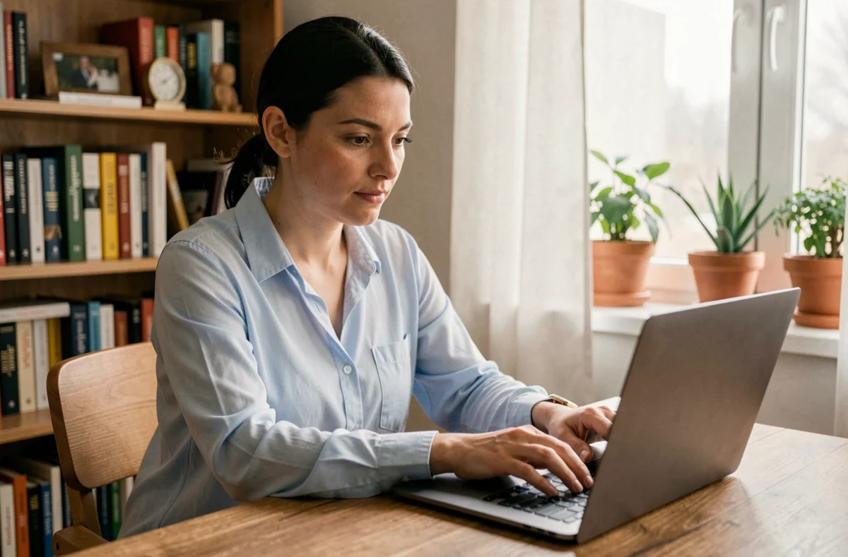 Femme rédigeant une relance d'invitation par email sur son ordinateur portable dans un bureau à domicile chaleureux
