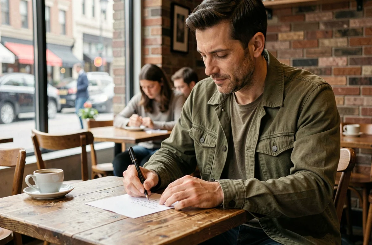 Homme écrivant une note manuscrite dans un café pour relancer poliment une invitation à un événement sans paraître insistant