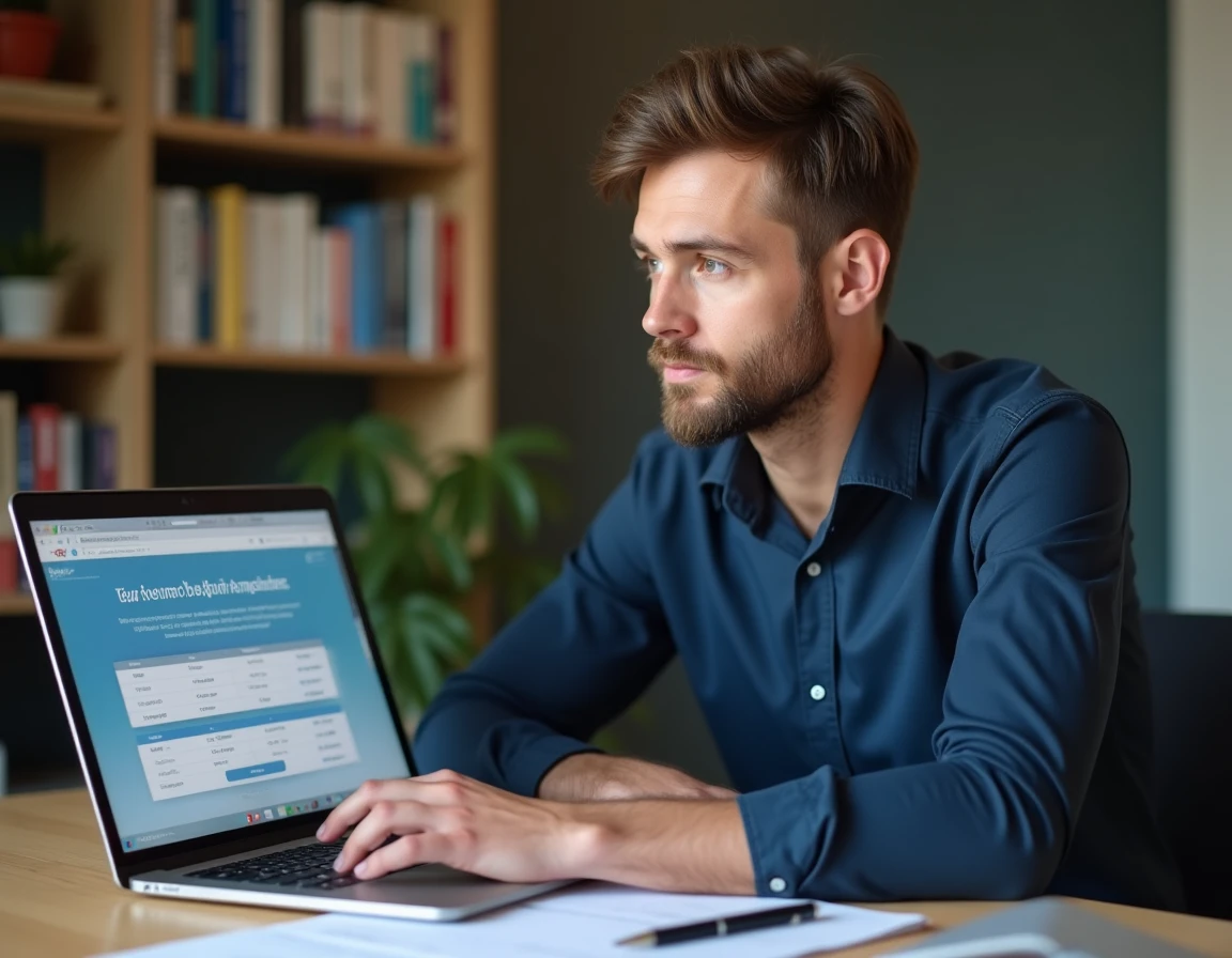 Homme en train de renégocier son contrat SFR sur ordinateur portable à son bureau