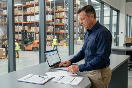 Responsable logistique analysant des documents financiers dans un centre de distribution industriel moderne