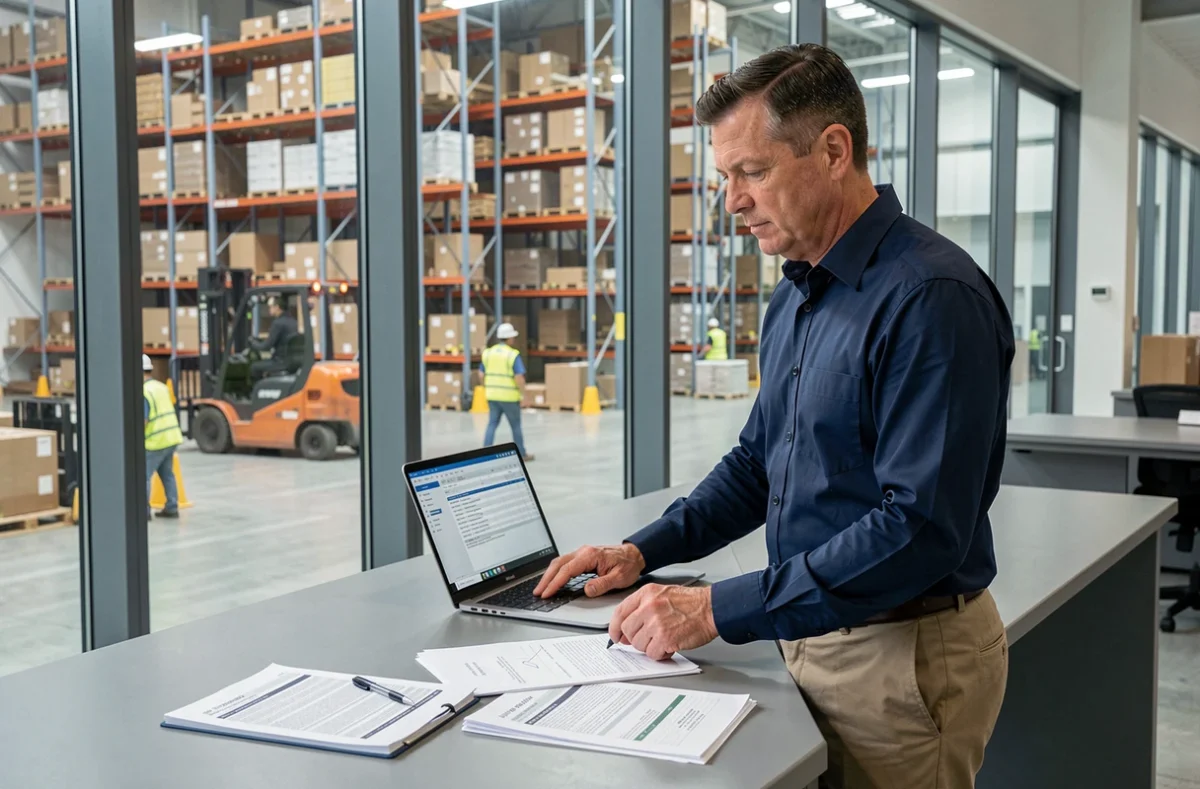 Responsable logistique analysant des documents financiers dans un centre de distribution industriel moderne
