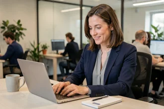 Une responsable RH explore la billetterie CSE Advango sur son ordinateur portable dans un bureau moderne
