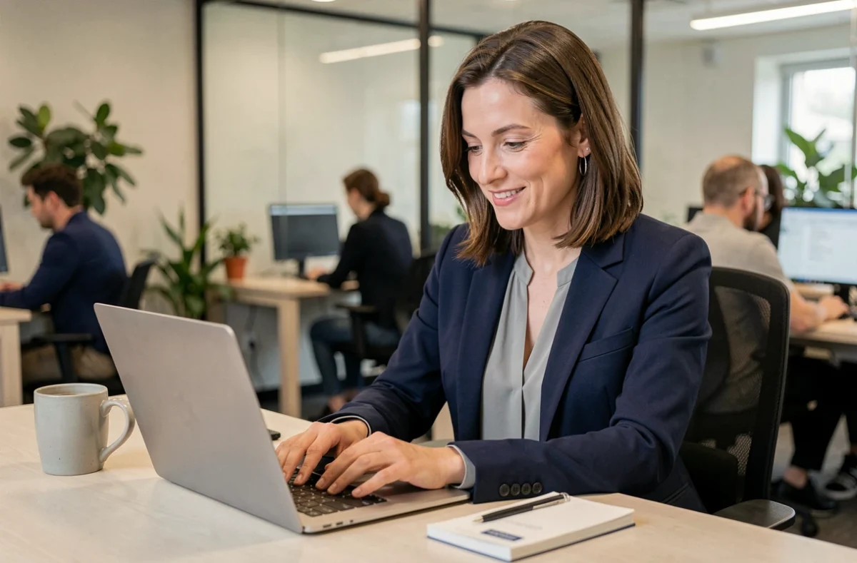 Une responsable RH explore la billetterie CSE Advango sur son ordinateur portable dans un bureau moderne