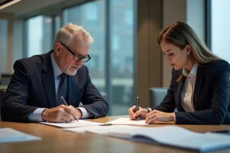Homme et femme d'affaires signant des documents importants
