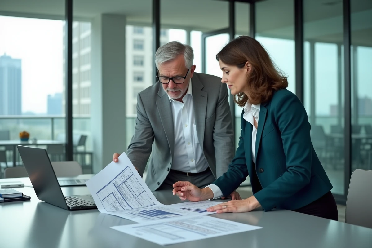 Deux professionnels analysant les plans d'un système GTB centralisé sur une table de réunion avec logiciel de supervision ouvert sur ordinateur