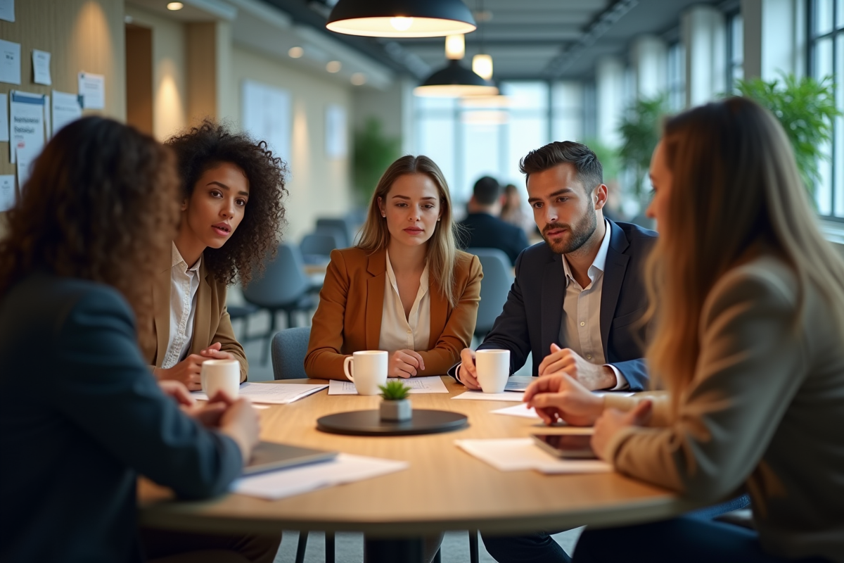 Collegues divers en discussion dans la salle de pause
