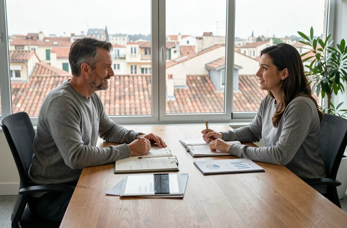 Réunion entre un consultant en portage salarial et un freelance dans un bureau moderne à Nice