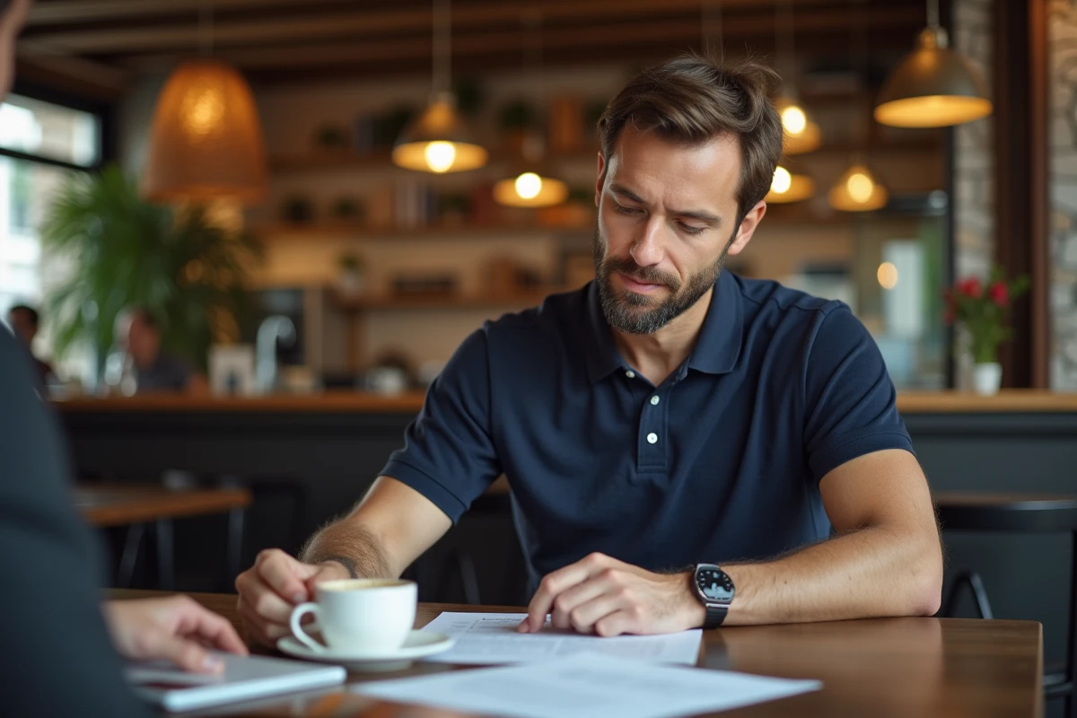 Entrepreneur en réunion informelle dans un café urbain, discutant d'une stratégie d'affaires avec des documents et un smartphone posés sur la table