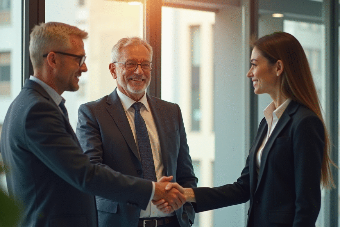 Homme et femme seniors en affaires serrant la main d'un jeune responsable