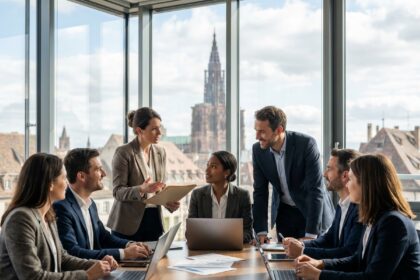 Groupe de professionnels discutant dans un bureau à Strasbourg