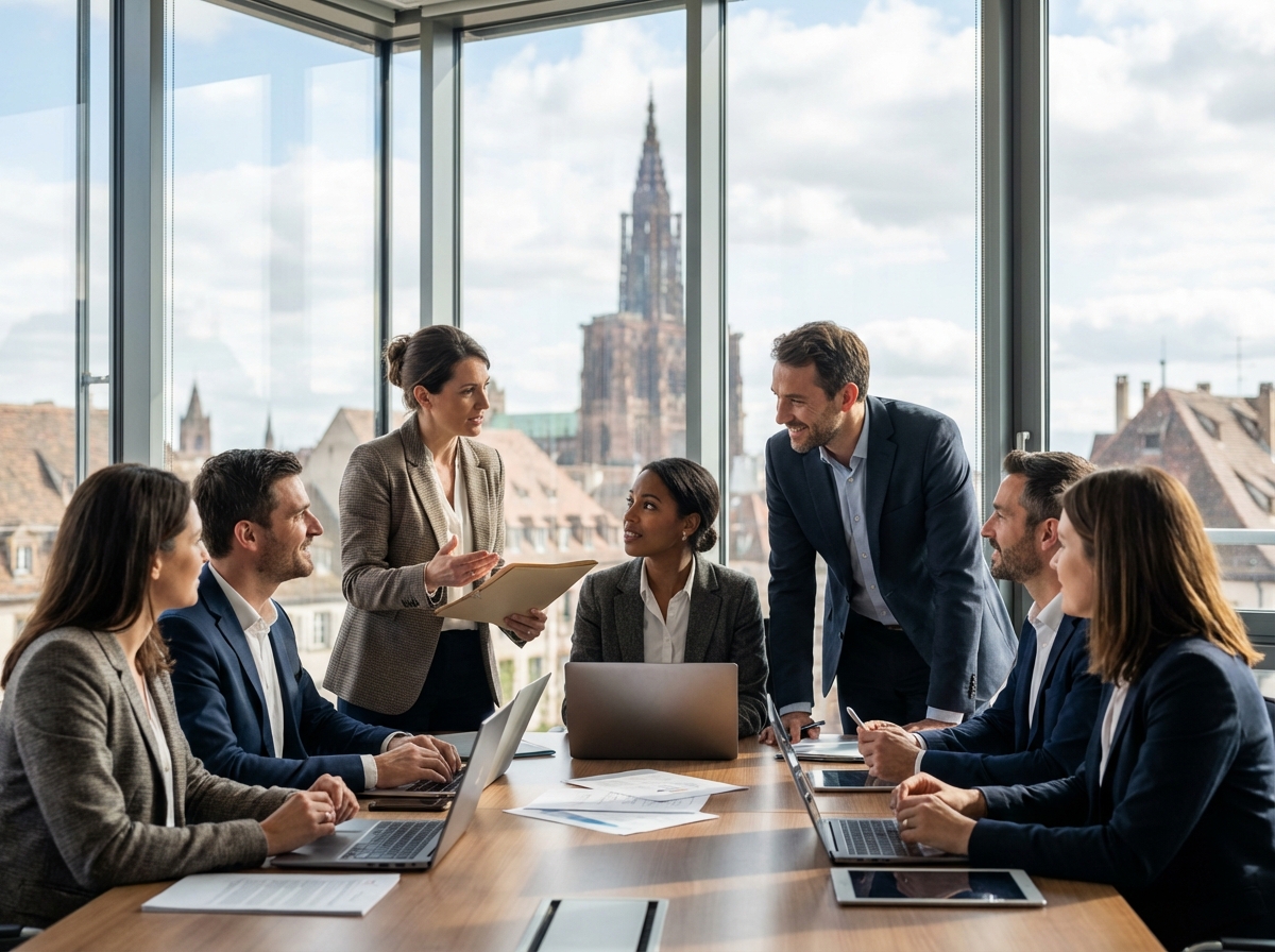 Groupe de professionnels discutant dans un bureau à Strasbourg