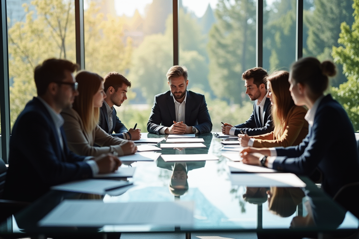 Réunion de professionnels dans un bureau moderne en journée