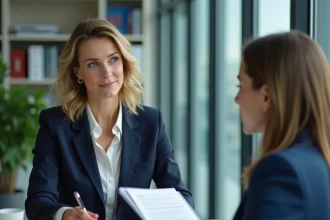 Femme cadre discutant des termes d'une rupture conventionnelle collective avec un responsable RH dans un bureau moderne