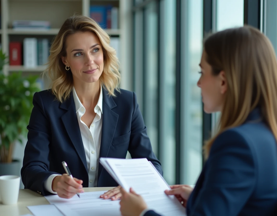 Femme cadre discutant des termes d'une rupture conventionnelle collective avec un responsable RH dans un bureau moderne