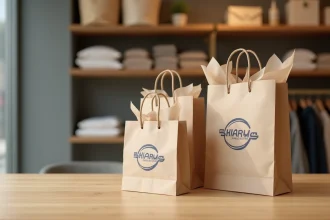 Sacs papier personnalisés en petite quantité avec impression numérique de logo, posés sur une table en bois dans une boutique minimaliste
