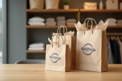 Sacs papier personnalisés en petite quantité avec impression numérique de logo, posés sur une table en bois dans une boutique minimaliste