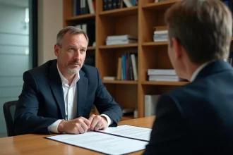 Salarié et avocat examinant un document juridique relatif à un licenciement abusif dans un cabinet d'avocats