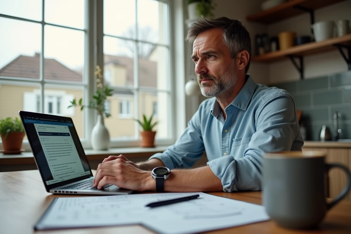 Homme recherchant ses droits sur le Code du travail article 1235-3 depuis son domicile après un licenciement abusif