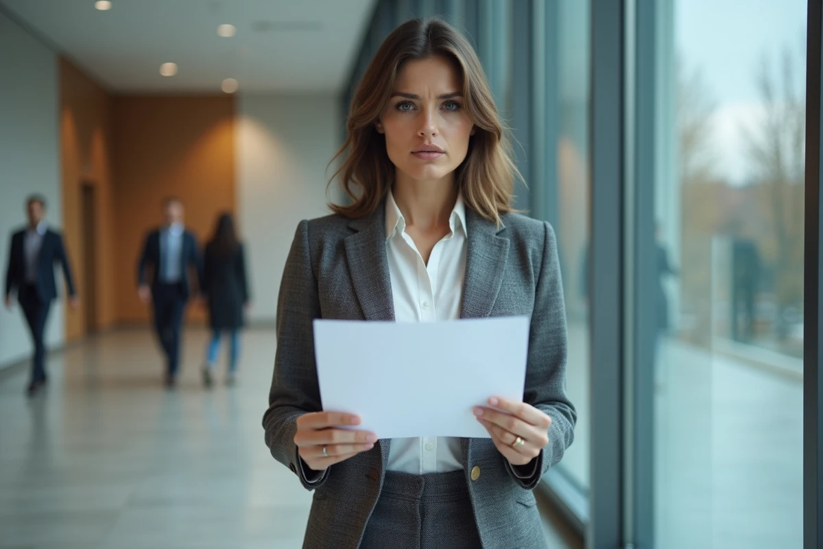 Femme salariée tenant une lettre de licenciement dans un couloir de bureau, illustration d'un licenciement sans cause réelle