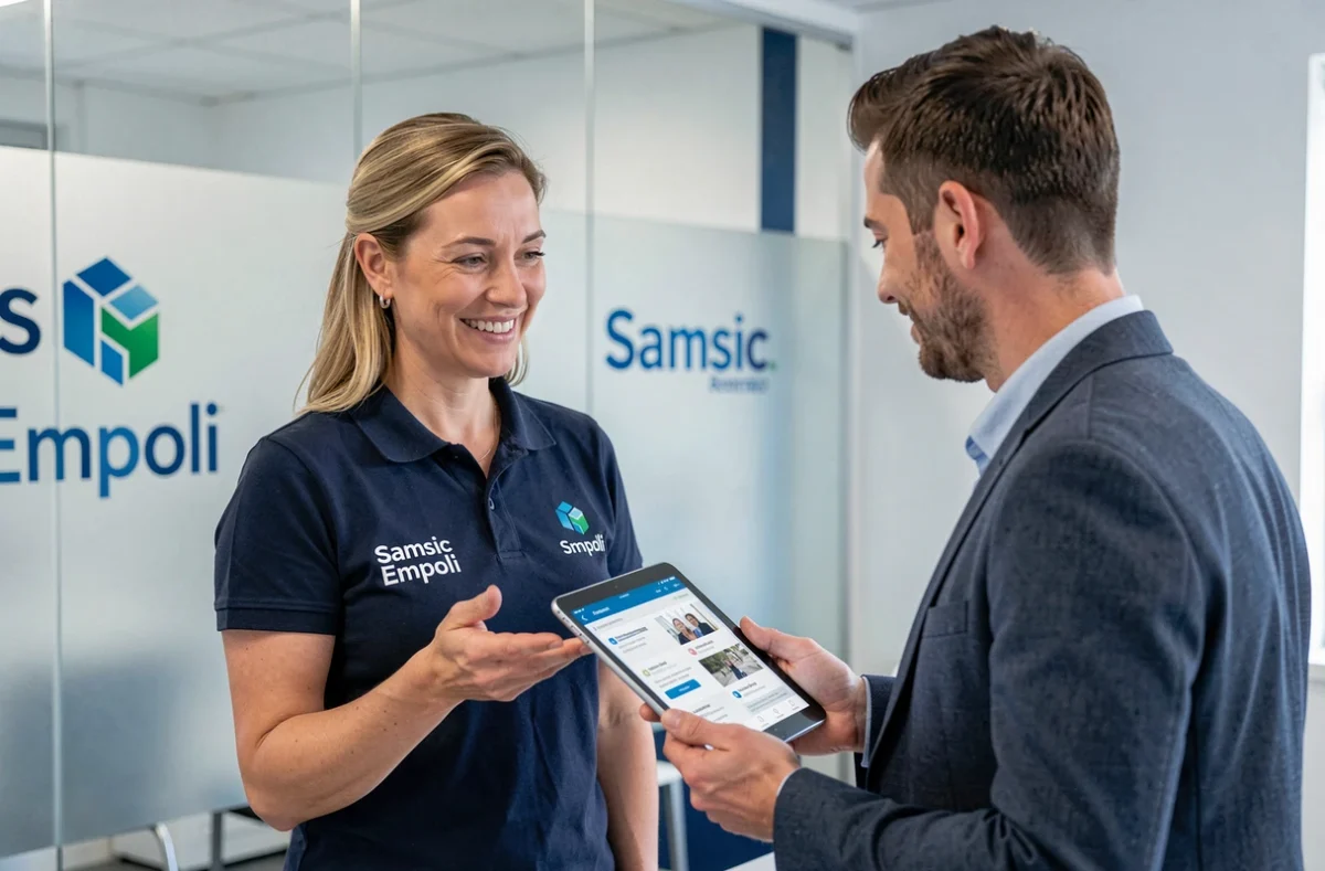 Une recruteuse Samsic Emploi Nantes présentant des offres d'emploi sur tablette à un candidat
