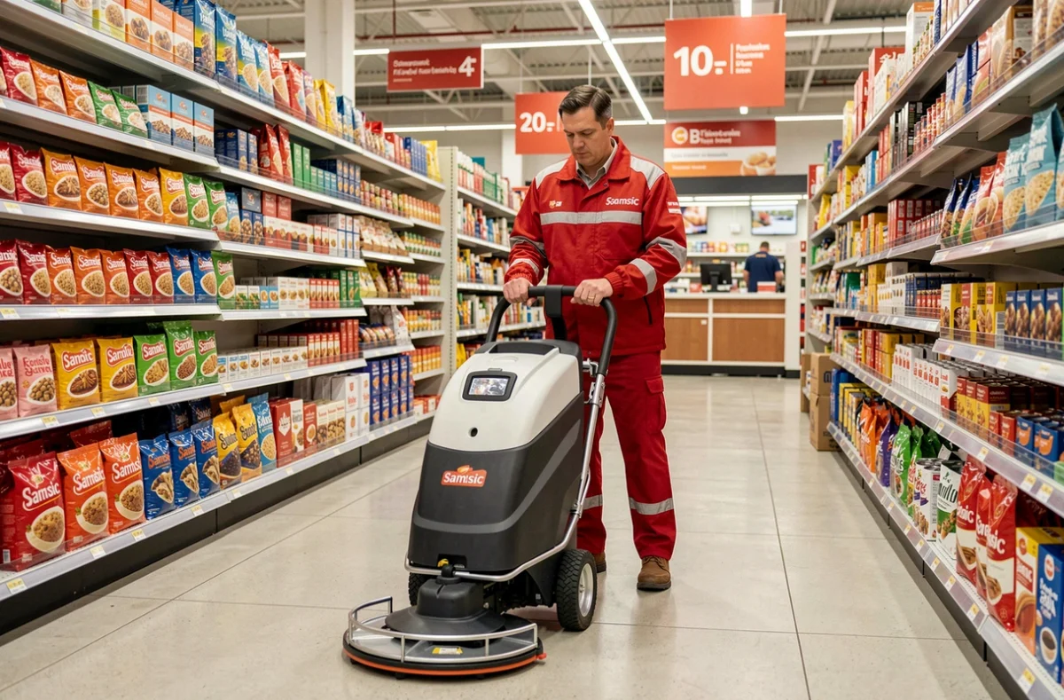 Agent Samsic Propreté manœuvrant une balayeuse professionnelle dans une grande surface commerciale