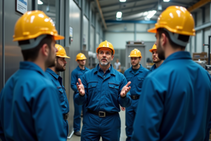 Groupe d'employes en formation securite en usine