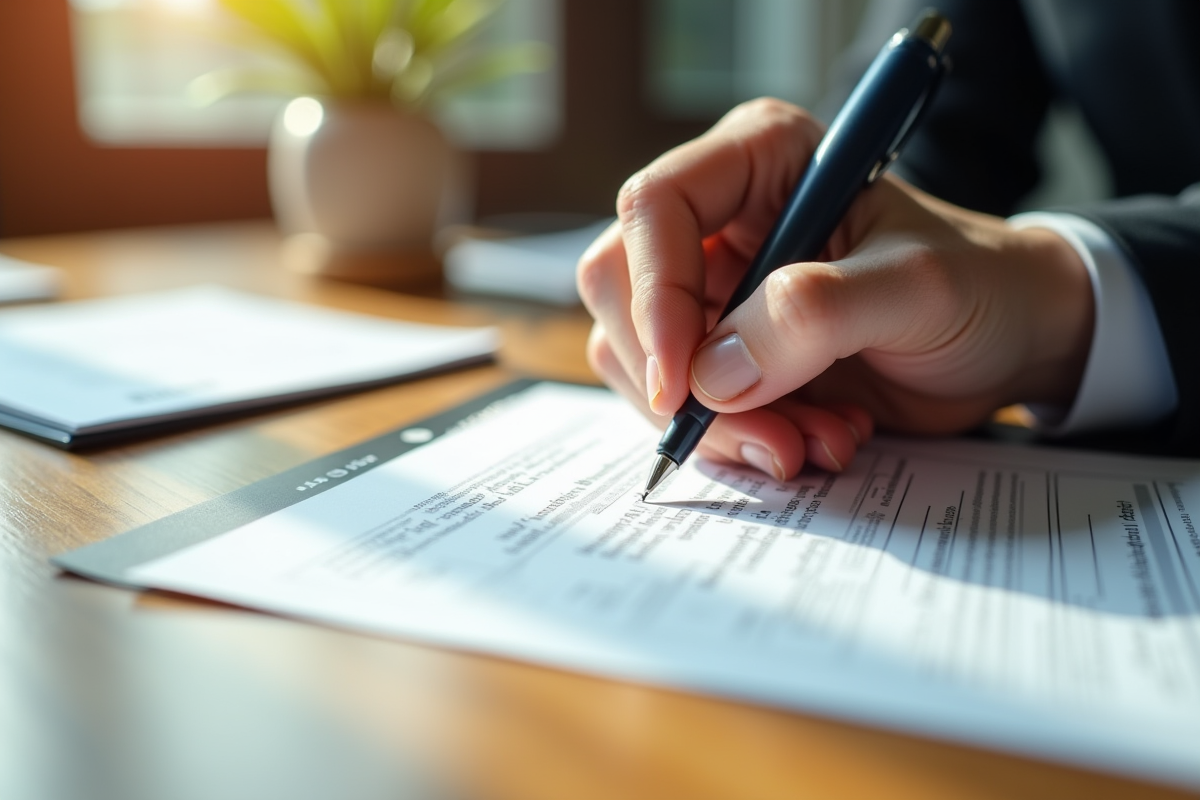 Main signant un contrat sur une table en bois