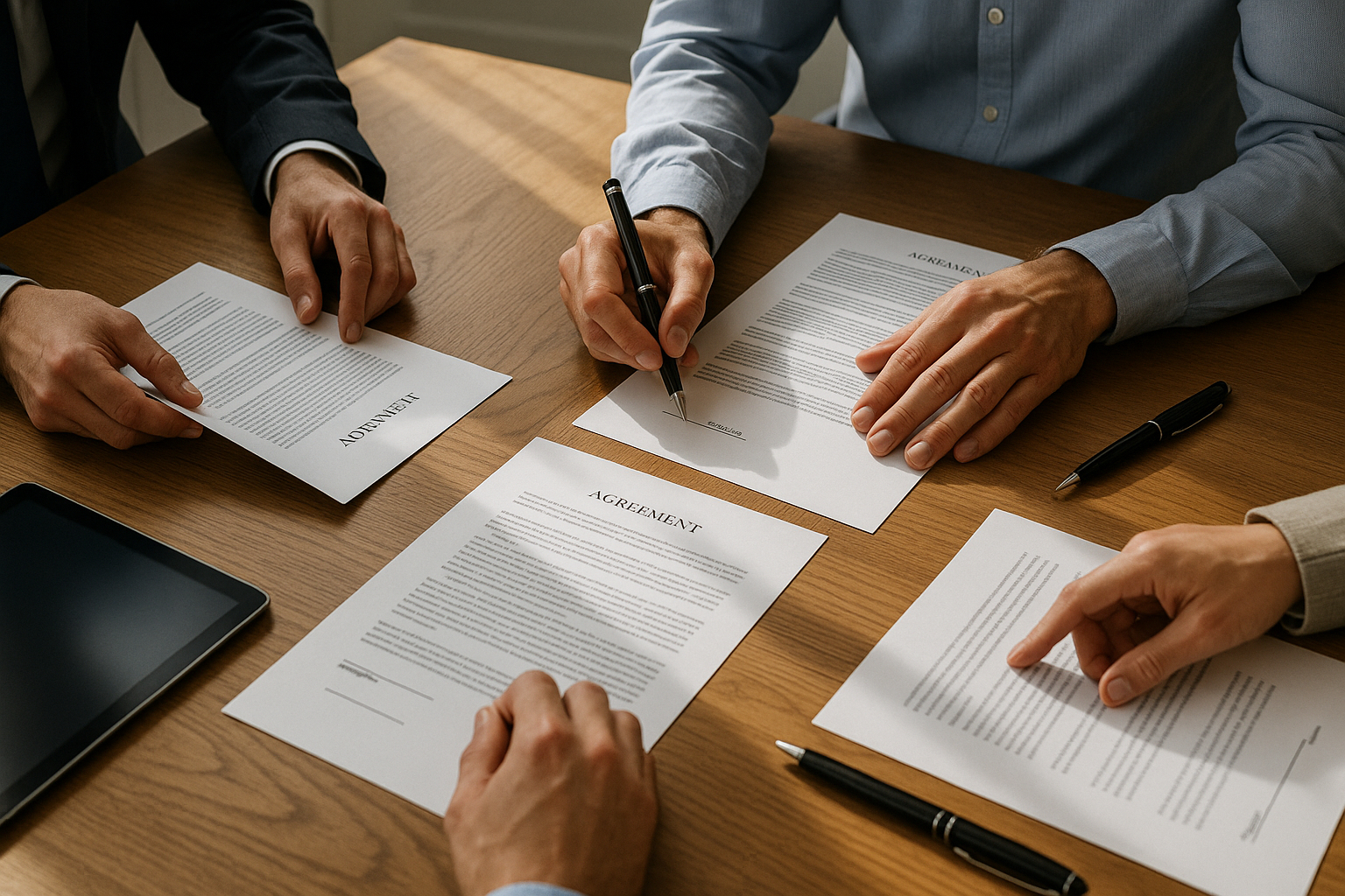 Mains échangeant et signant des documents officiels
