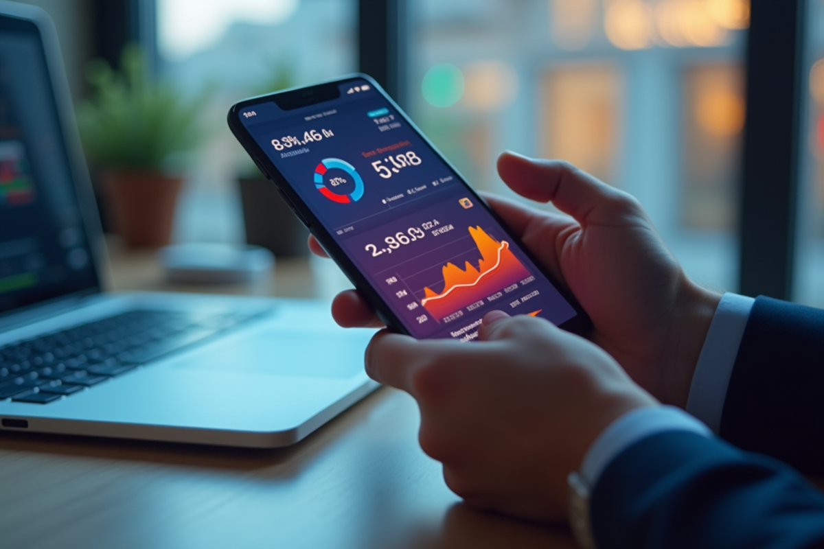 Mains tenant un smartphone avec graphiques marketing lumineux