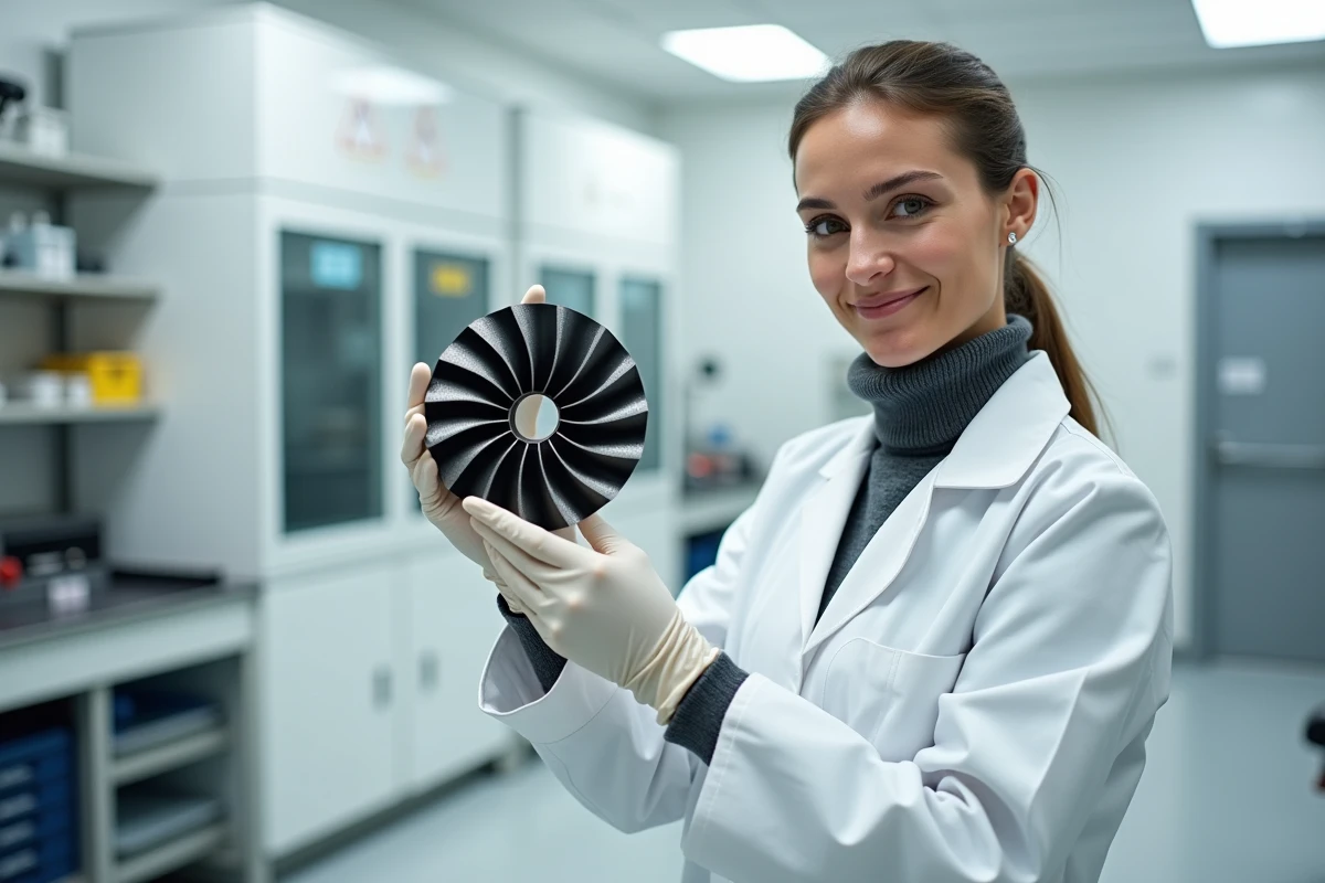 Spécialiste en matériaux composites tenant une pale de turbine en fibre de carbone de nouvelle génération dans un laboratoire d'innovation aéronautique